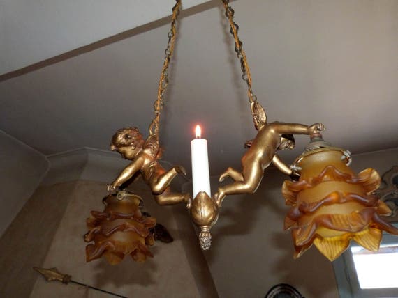 Antique French Gilded Spelter Cherub Figural Lighting 50