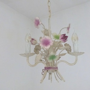 Vintage French floral toleware tole chandelier lamp w pink flowers, tole lighting ceiling light fixture, romantic cottage chic light decor