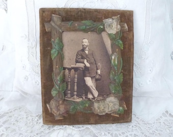 Antique French velvet floral picture frame w celluloid flowers, sepia picture of man, RARE 1900s Victorian picture frame, vintage home decor