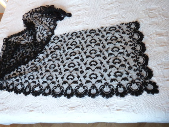 French antique black lace shawl wrap mantilla vei… - image 10