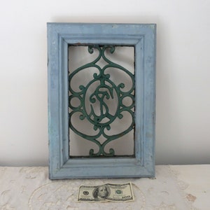 Big Antique French wrought iron w wooden frame monogrammed window door grille, rustic vintage architectural salvaged hardware wall decor