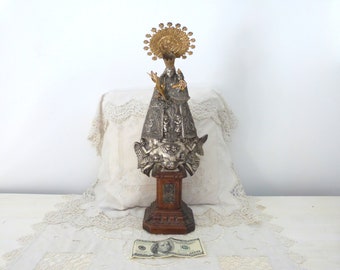 Madonna with child Jesus Christ Antique religious our lady of the Forsaken silver statue sculpture Virgin de los desamparados on wooden base