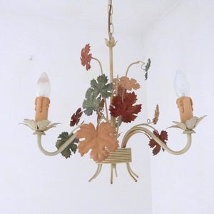 Vintage French toleware tole chandelier lamp w wine leaves, tole light lighting ceiling light fixture, country cottage chic light decor