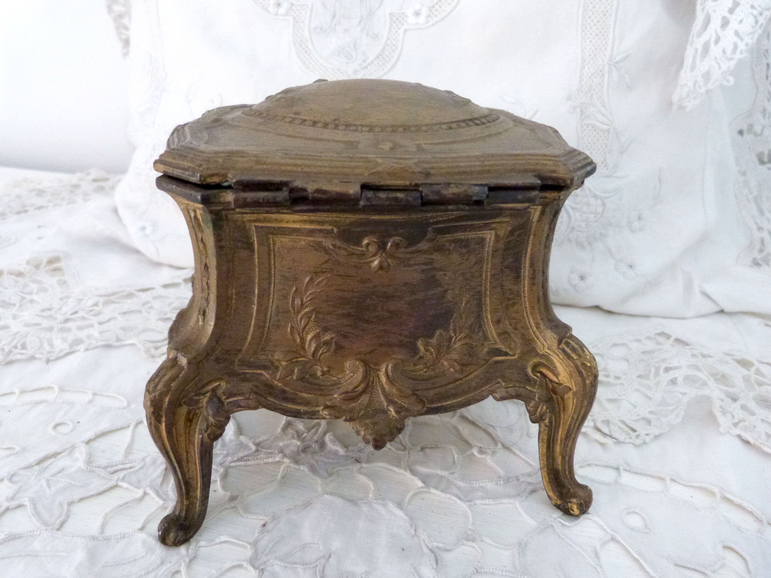 Antique French Box Floral Spelter Antique Jewelry Trinket