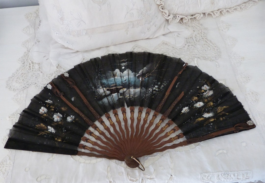 Antique Hand Fan 1800s Folding Fan French Chateau Hand Painted Handfan W Gilded Sandal Wooden