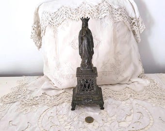 BIG Antique French religious statue Madonna Holy virgin Mary our lady of Lourdes souvenir statue w ornate filigree base sculpture w cross
