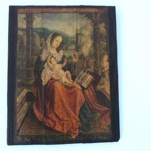 BIG Antique French wooden icon madonna and infant child Jesus Christ, St John Baptist, B van Orley, devotional religious frame wall art gift