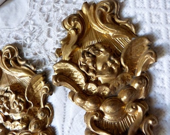 Antique gilded ormolu angel cherub putti hook covers wall hanging decor ornaments French architectural salvaged 1800s architecture panels