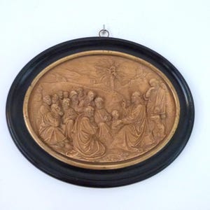 XL Antique religious French hand carved relic reliquary frame shrine w Jesus Christ in desert in black wooden frame, devotional wall art