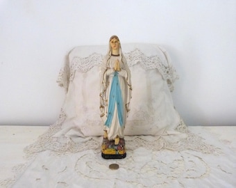 Tall French Antique religious Holy virgin Mary statue Lourdes madonna madonne our mother lady of Lourdes saint signed statue w rosary cross