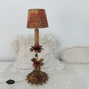 Antique French floral toleware table desk lamp lighting w roses on gilded base, romantic boudoir decor standing lamp w fabric lamp shade