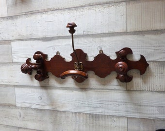 RARE French antique coat rack peg hook hat rack carved wooden wall rustic coat hanger w knobs, hat hooks, wood hat hanger French home decor