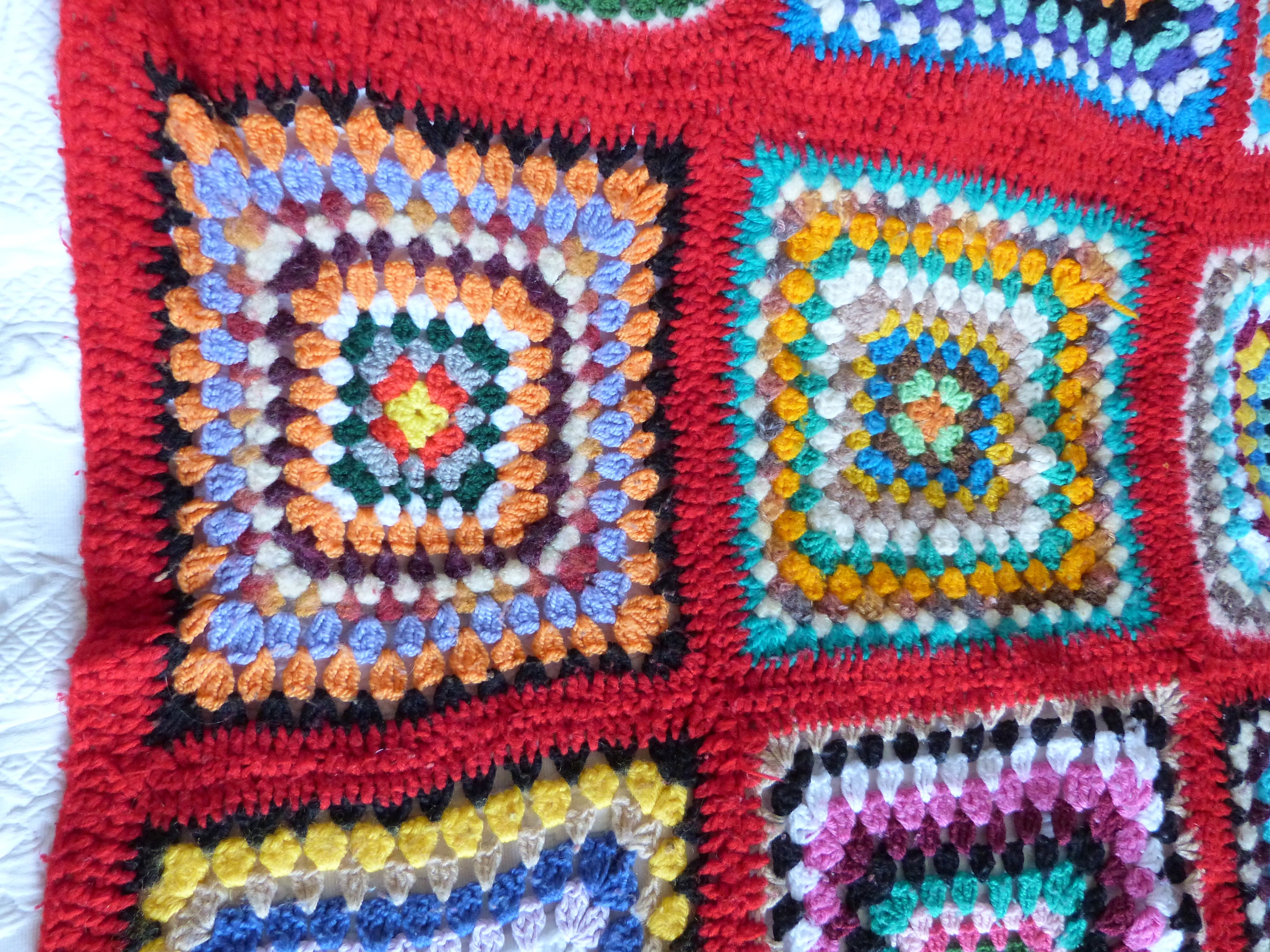Vintage French Granny Square Blanket Afghan Spread Hand Crocheted