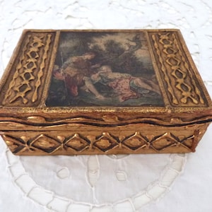 Vintage Italian Florentine wooden gilded keepsake jewelry box w print after painting of Boucher, box w raised gilt decor, home decor gift