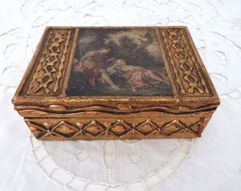 Vintage Italian Florentine wooden gilded keepsake jewelry box w print after painting of Boucher, box w raised gilt decor, home decor gift