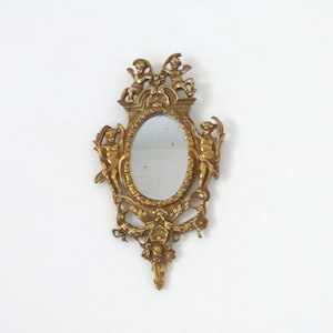 Antique French 1900s bronze mirror beveled vanity mirror w angel cherub putti floral decor w roses, rare boudoir wall hanging mirror