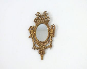 Antique French 1900s bronze mirror beveled vanity mirror w angel cherub putti floral decor w roses, rare boudoir wall hanging mirror