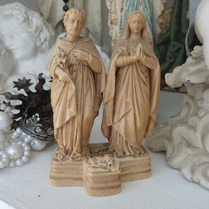 Antique French Saint Holy Family statue w Holy Virgin Mary, saint Joseph, 1800s Christmas nativity creche holiday decor ornament gift