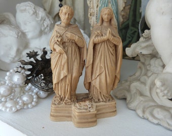 Antique French Saint Holy Family statue w Holy Virgin Mary, saint Joseph, 1800s Christmas nativity creche holiday decor ornament gift