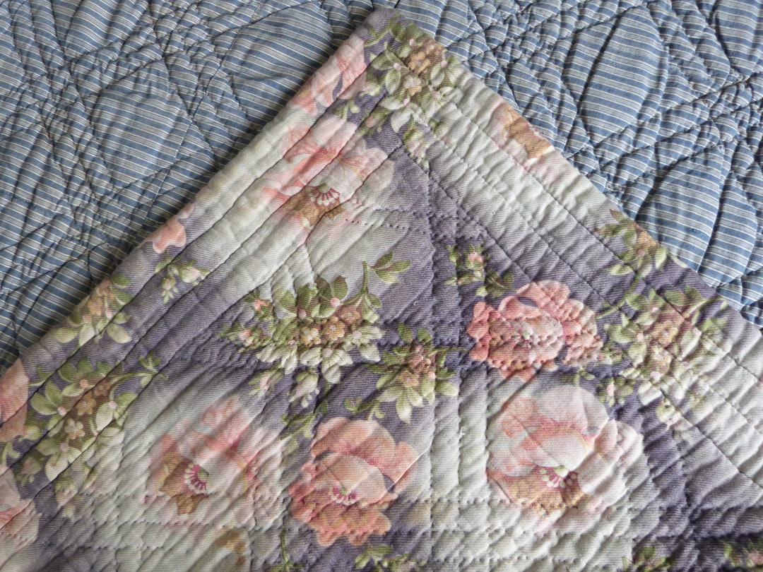 Antique French Quilted Boutis Bedspread Comforter W Roses, Blue Wool