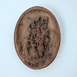 Antique 1800s religious terracotta bas relief frame w descent from the cross of Jesus Christ, signed Mattiotti, devotional wall hanging art