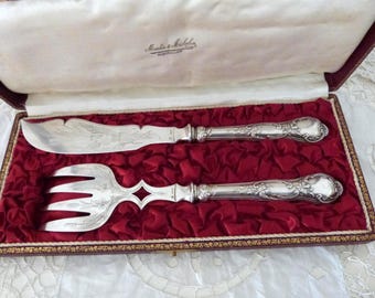 Antique French silver plated fish serving set, knife w fork boxed Ercuis cutlery set tableware, vintage French table ware dining gift