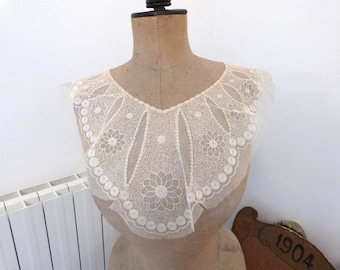 Antique French Victorian collar hand embroidered floral lace collar handworked costume accessory piece w intricate floral design early 1900s