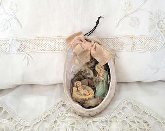 Antique French religious abalone shell icon relic w paper infant child baby Jesus in crib, Virgin Mary,  nativity christmas holiday decor