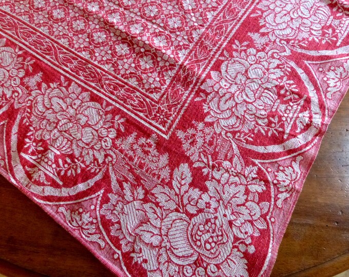 Red Damask French Antique Tablecloth Table Cloth W Floral Etsy