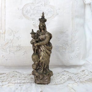 Antique French Madonna with child Jesus Christ signed religious statue our lady Holy virgin Mary w cherubs putti, devotional art gift
