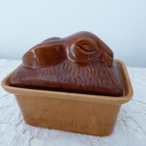 French vintage paté tureen steamer pot jar glazed ironstone tureen dish w rabbit on lid crock pot pottery, farmhouse country kitchen decor
