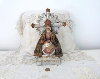 Large Antique French religious handpainted terracotta virgen angustias statue sculpture Jesus Christ w Holy Mother christian devotional art