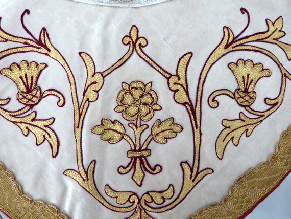 アンティーク 1800 年代フランス製シルクの司祭用聖職者用襟、手刺繍