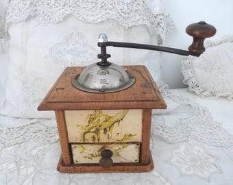 Antique French wooden coffee grinder mill PEUGEOT Freres, w farmhouse country decor design from France, RARE country cottage kitchenware