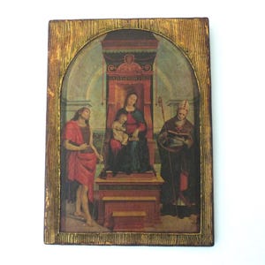 XL vintage Florentine frame Madonna and Child Jesus w John the Baptist w St Nicholas Bari, religious frame icon w gilded wood, wall art gift
