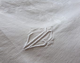 Large linen damask monogrammed JG French Antique tablecloth table cloth, white vintage heirloom table linens diningtable french table linens