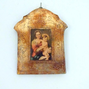 Vintage Florentine frame madonna and infant child Jesus Christ icon gilded carved wooden devotional religious frame wall art gift