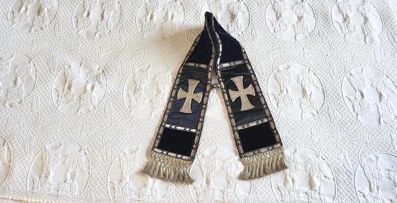 Antique French 1900s black silk velvet priest maniple clergy maniple w crosses, silver metallic fringes, religious church clothing vestment