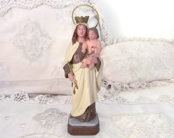Holy virgin Mary statue Madonna with child Jesus vintage French religious statue our lady statue hand painted plaster sculpture w metal halo