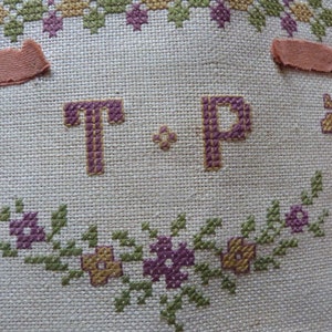 Antique French 1800s needlepoint canvas chair seat footstool cover monogram TP embroidery w roses hand embroidered needlework art w valances