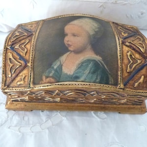 Vintage Italian Florentine wooden gilded keepsake jewelry box w print young girl, rare box w raised gilt decor, home decor christmas gift