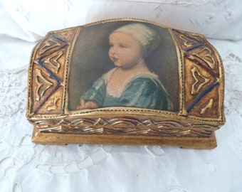 Vintage Italian Florentine wooden gilded keepsake jewelry box w print young girl, rare box w raised gilt decor, home decor christmas gift