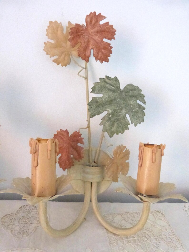 Vintage French tole wall sconces lamps PAIR wallsconces w wine leaves toleware lighting wall fixtures French country cottage wallsconces image 4