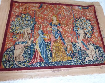 Antique French needlepoint wall hanging lady w unicorn taste tapestry w hand embroidered lion, medieval Chateau needlework wall needle art