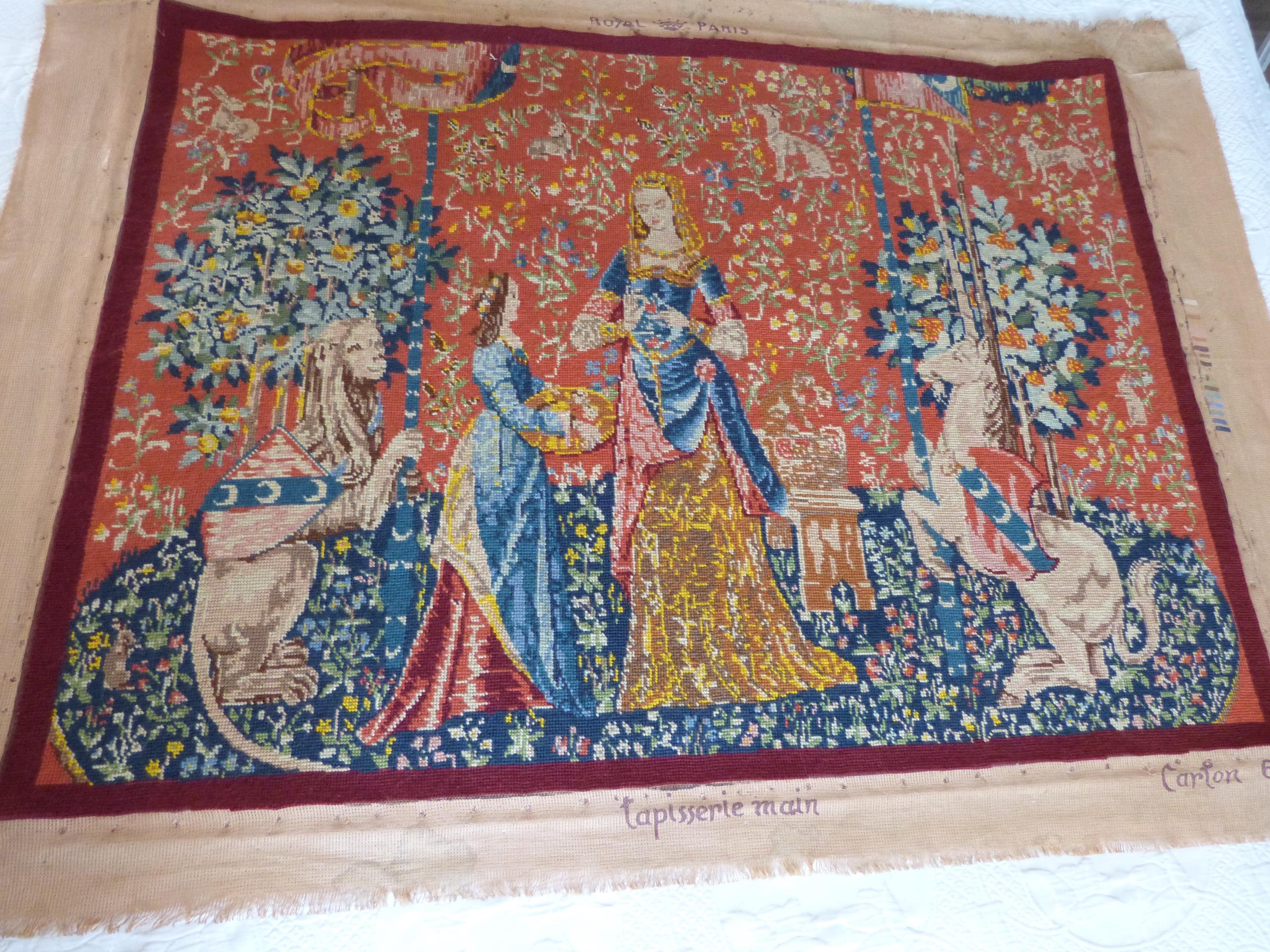 Antique French needlepoint wall hanging lady w unicorn taste tapestry w hand embroidered lion, medieval Chateau needlework wall needle art