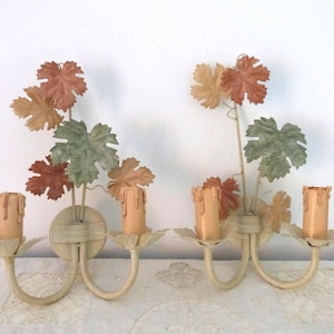 Vintage French tole wall sconces lamps PAIR wallsconces w wine leaves toleware lighting wall fixtures French country cottage wallsconces image 1