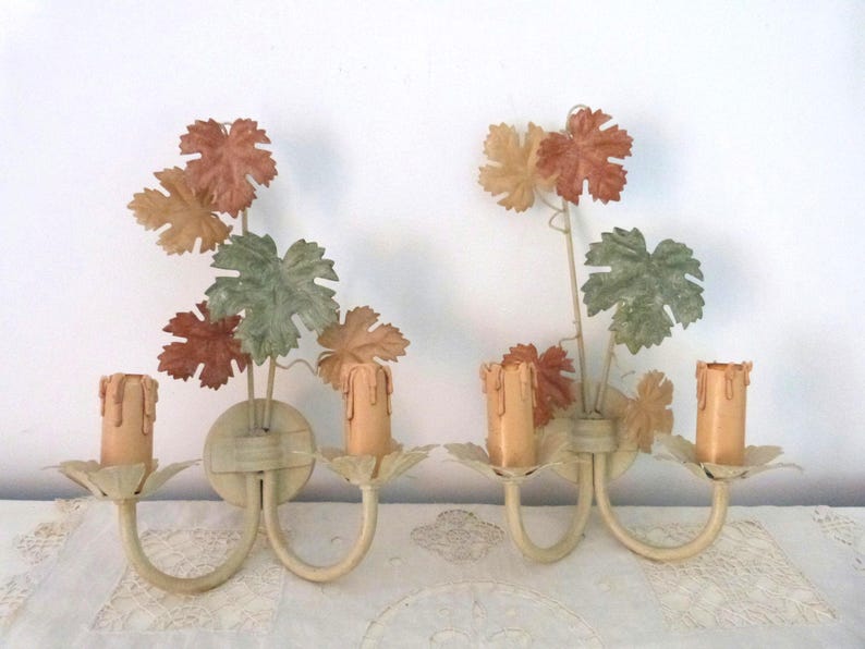 Vintage French tole wall sconces lamps PAIR wallsconces w wine leaves toleware lighting wall fixtures French country cottage wallsconces image 1