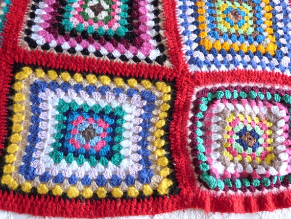 Vintage French Granny Square Blanket Afghan Spread Hand Crocheted