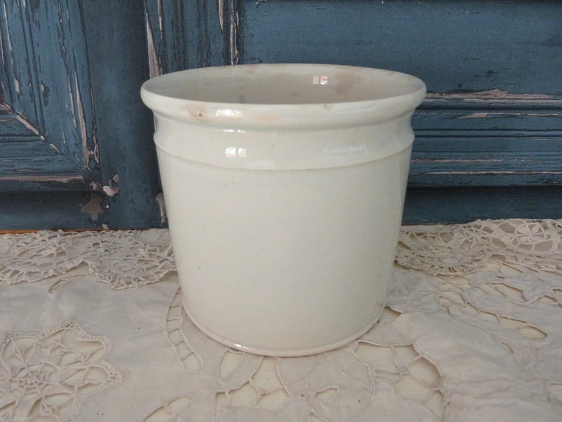 Antique pottery jar, handmade pot in white glazed earthenware Moulin des Loups, farmhouse country kitchen decoration image 9