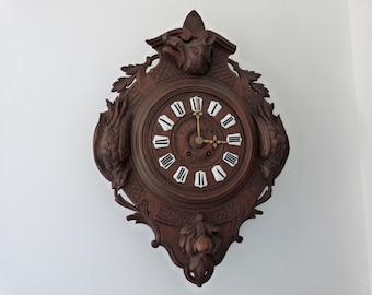 Antique Black Forest wooden wall clock w hand carved 3D pheasant birds ornament w wild boar, enameled clock numbers, Schwarzwald folk art